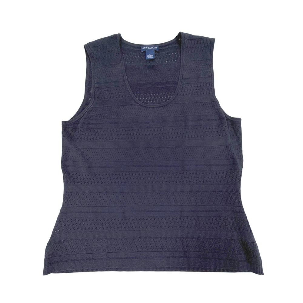 Ann Taylor Vintage‎ Pointelle Knit Shell Tank Large Navy Blue Sleeveless Top